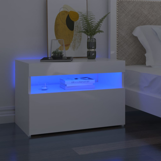 Magasfényű fehér éjjeliszekrény LED-lámpákkal 60 x 35 x 40 cm - utánvéttel vagy ingyenes szállítással
