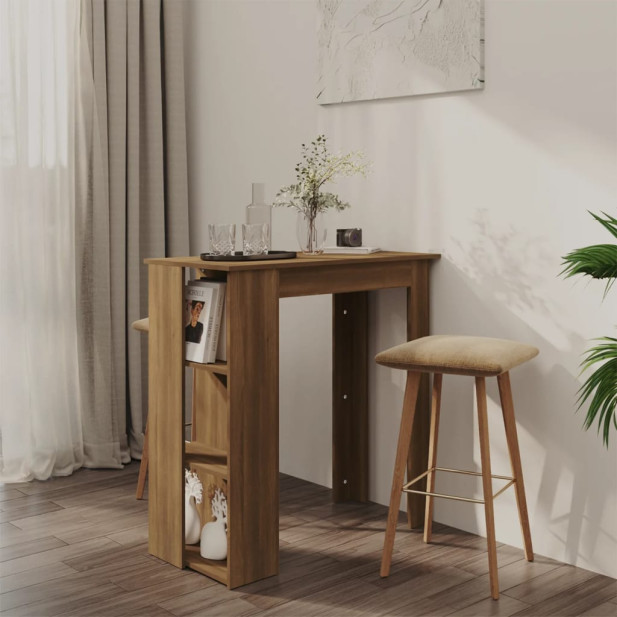 Barna tölgy színű szerelt fa bárasztal polccal 102x50x103,5 cm - utánvéttel vagy ingyenes szállítással