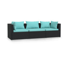 Fekete háromszemélyes polyrattan kanapé párnákkal - utánvéttel vagy ingyenes szállítással