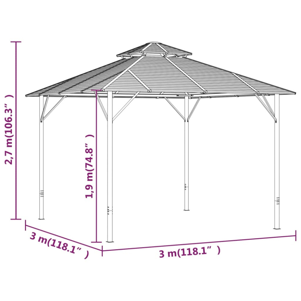Antracitszürke pavilon oldalfalakkal és dupla tetővel 3 x 3 m - utánvéttel vagy ingyenes szállítással
