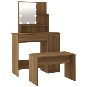 Barna tölgyszínű szerelt fa fésülködőasztal-szett LED-ekkel - utánvéttel vagy ingyenes szállítással