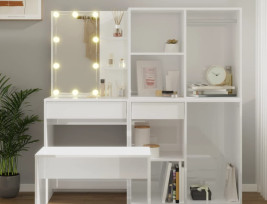 Magasfényű fehér szerelt fa fésülködőasztal-szett LED-ekkel - utánvéttel vagy ingyenes szállítással