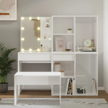 Magasfényű fehér szerelt fa fésülködőasztal-szett LED-ekkel - utánvéttel vagy ingyenes szállítással