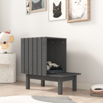 Tömör fenyőfa macskaház szürke 60 x 36 x 60 cm - utánvéttel vagy ingyenes szállítással