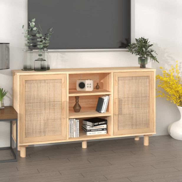 Barna tömör fenyő/természetes rattan tálalószekrény 105x30x60cm - utánvéttel vagy ingyenes szállítással