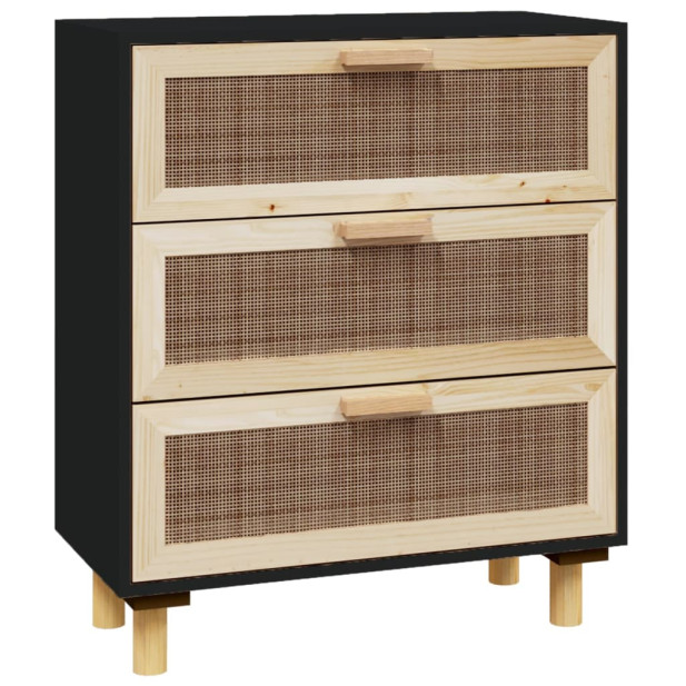 Fekete tömör fenyő/természetes rattan tálalószekrény 60x30x70cm - utánvéttel vagy ingyenes szállítással