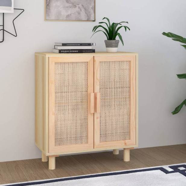 Barna tömör fenyő/természetes rattan tálalószekrény 60x30x70cm - utánvéttel vagy ingyenes szállítással