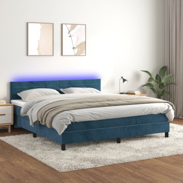 Sötétkék bársony rugós és LED-es ágy matraccal 180x200 cm - utánvéttel vagy ingyenes szállítással