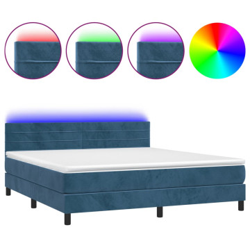 Sötétkék bársony rugós és LED-es ágy matraccal 180x200 cm - utánvéttel vagy ingyenes szállítással