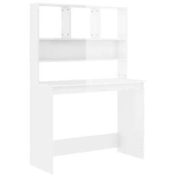Magasfényű fehér szerelt fa íróasztal polcokkal 102x45x148 cm - utánvéttel vagy ingyenes szállítással