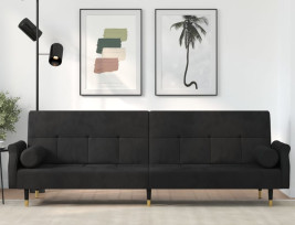 Fekete bársony kanapéágy párnákkal - utánvéttel vagy ingyenes szállítással