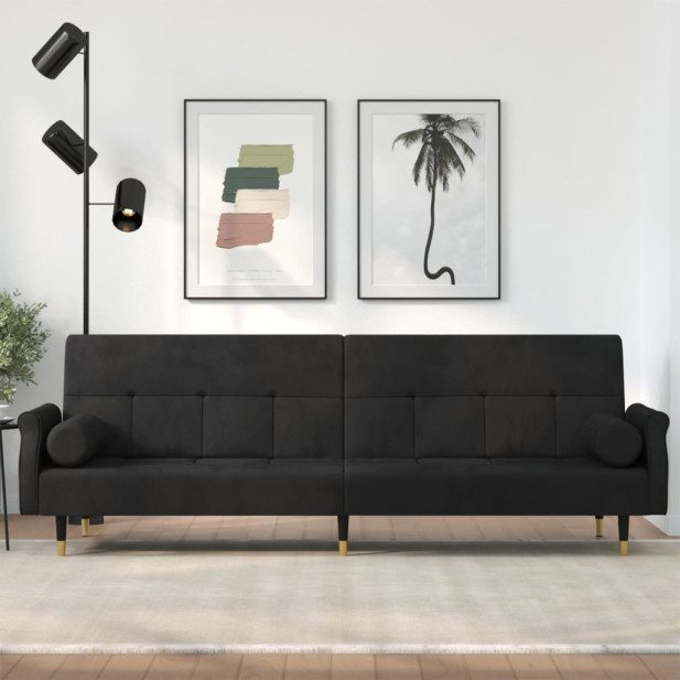 Fekete bársony kanapéágy párnákkal - utánvéttel vagy ingyenes szállítással
