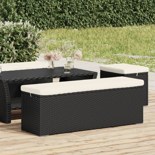 Fekete polyrattan zsámolypad párnával 110 x 30 x 40 cm - utánvéttel vagy ingyenes szállítással