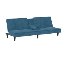 Kék bársony kanapéágy pohártartókkal - utánvéttel vagy ingyenes szállítással