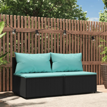 2 db fekete polyrattan kerti középső kanapé párnákkal - utánvéttel vagy ingyenes szállítással