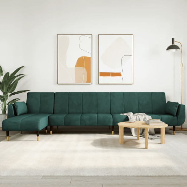 Zöld L-alakú bársony kanapéágy 275x140x70 cm - utánvéttel vagy ingyenes szállítással
