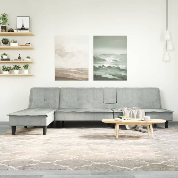 Világosszürke L-alakú bársony kanapéágy 255x140x70 cm - utánvéttel vagy ingyenes szállítással