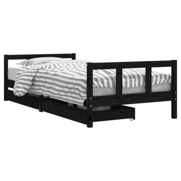 Fekete tömör fenyőfa gyerekágykeret fiókokkal 90 x 200 cm - utánvéttel vagy ingyenes szállítással