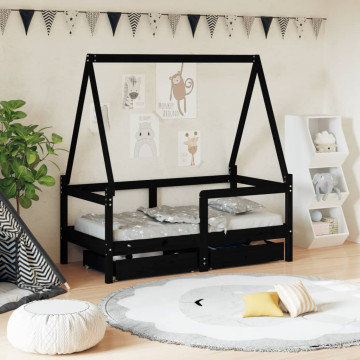 Fekete tömör fenyőfa gyerekágykeret fiókokkal 70 x 140 cm - utánvéttel vagy ingyenes szállítással