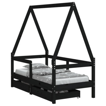 Fekete tömör fenyőfa gyerekágykeret fiókokkal 70 x 140 cm - utánvéttel vagy ingyenes szállítással