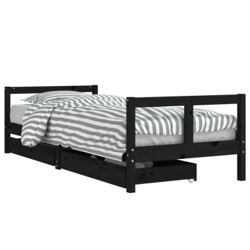 Fekete tömör fenyőfa gyerekágykeret fiókokkal 80 x 200 cm - utánvéttel vagy ingyenes szállítással