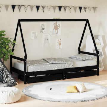 Fekete tömör fenyőfa gyerekágykeret fiókokkal 90 x 200 cm - utánvéttel vagy ingyenes szállítással