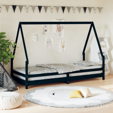 Fekete tömör fenyőfa gyerekágykeret 90 x 200 cm - utánvéttel vagy ingyenes szállítással