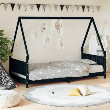 Fekete tömör fenyőfa gyerekágykeret 90 x 200 cm - utánvéttel vagy ingyenes szállítással