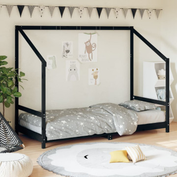 Fekete tömör fenyőfa gyerekágykeret 90 x 200 cm - utánvéttel vagy ingyenes szállítással