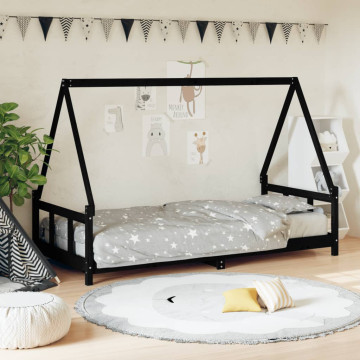 Fekete tömör fenyőfa gyerekágykeret 90 x 200 cm - utánvéttel vagy ingyenes szállítással