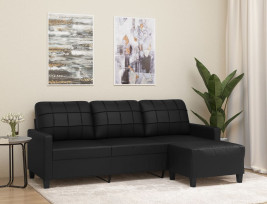 3 személyes fekete műbőr kanapé lábtartóval 180 cm - utánvéttel vagy ingyenes szállítással