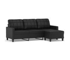3 személyes fekete műbőr kanapé lábtartóval 180 cm - utánvéttel vagy ingyenes szállítással