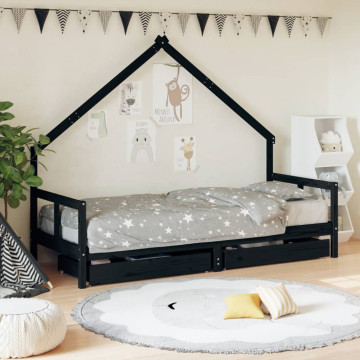 Fekete tömör fenyőfa gyerekágykeret fiókokkal 80 x 200 cm - utánvéttel vagy ingyenes szállítással