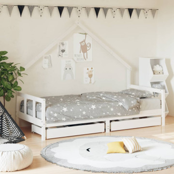 Fehér gyerek tömör fenyőfa ágykeret fiókokkal 90 x 200 cm - utánvéttel vagy ingyenes szállítással
