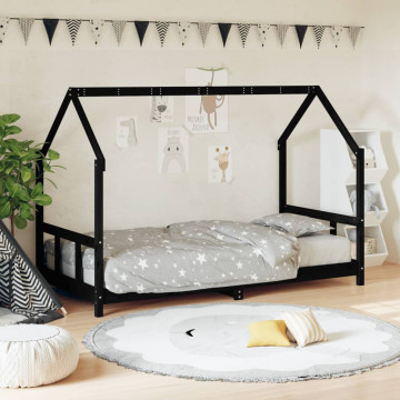Fekete tömör fenyőfa gyerekágykeret 90 x 200 cm - utánvéttel vagy ingyenes szállítással