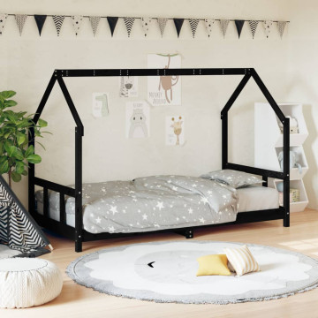 Fekete tömör fenyőfa gyerekágykeret 90 x 190 cm - utánvéttel vagy ingyenes szállítással