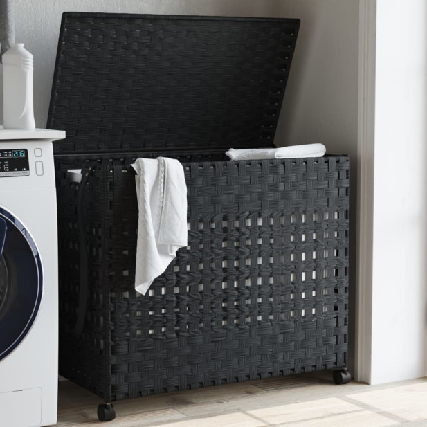 Fekete rattan szennyeskosár kerekekkel 66x35x60 cm - utánvéttel vagy ingyenes szállítással