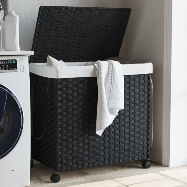 Fekete rattan szennyeskosár kerekekkel 60x35x60,5 cm - utánvéttel vagy ingyenes szállítással