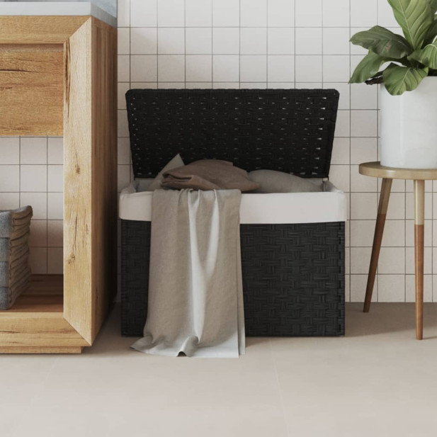 Fekete polyrattan szennyeskosár fedéllel 55,5 x 35 x 34 cm - utánvéttel vagy ingyenes szállítással