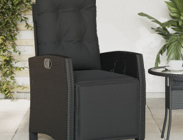 Fekete polyrattan dönthető kerti szék lábtartóval - utánvéttel vagy ingyenes szállítással