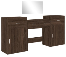 4 részes barna tölgy színű szerelt fa fésülködőasztal-szett - utánvéttel vagy ingyenes szállítással