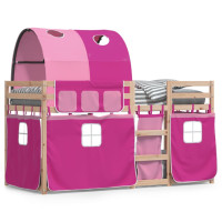 Rózsaszín tömör fenyőfa emeletes ágy függönyökkel 75 x 190 cm - utánvéttel vagy ingyenes szállítással