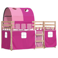 Rózsaszín tömör fenyőfa emeletes ágy függönyökkel 75 x 190 cm - utánvéttel vagy ingyenes szállítással