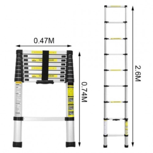 Haina HB-6366 - 2,6 méter Teleszkópos Alumínium Létra, 150kg teherbírású