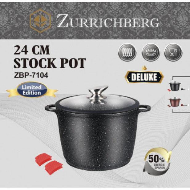 Zurrichberg Deluxe ZBP/7104 24cm Márvány Bevonatú Stock Pot Fazék Szilikon Fogantyúval + Szilikon Kerítés Hőálló üveg fedő