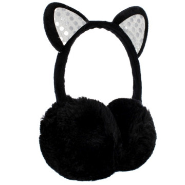 Puha, szőrmés fülmelegítő flitteres fülekkel - Fekete cica