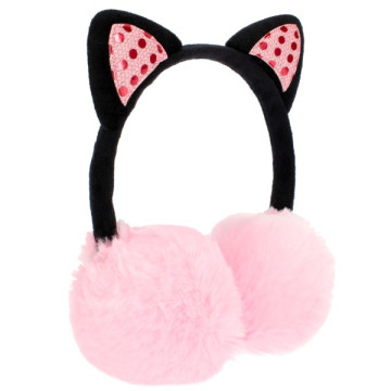 Puha, szőrmés fülmelegítő flitteres fülekkel - Rózsaszín cica