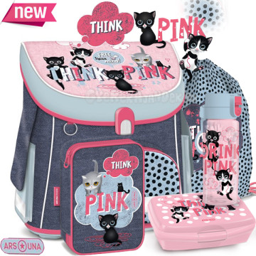 Ars Una cicás iskolatáska 5 részes SZETT Think Pink pöttyös