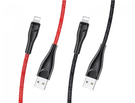 USAMS SJ391USB02 100cm-es  textil borítású Lightning töltő kábel piros