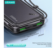 USAMS 20KCD16801 20.000 mAH powerbank PD gyorstöltő és QC3.0 bemenettel 22,5W